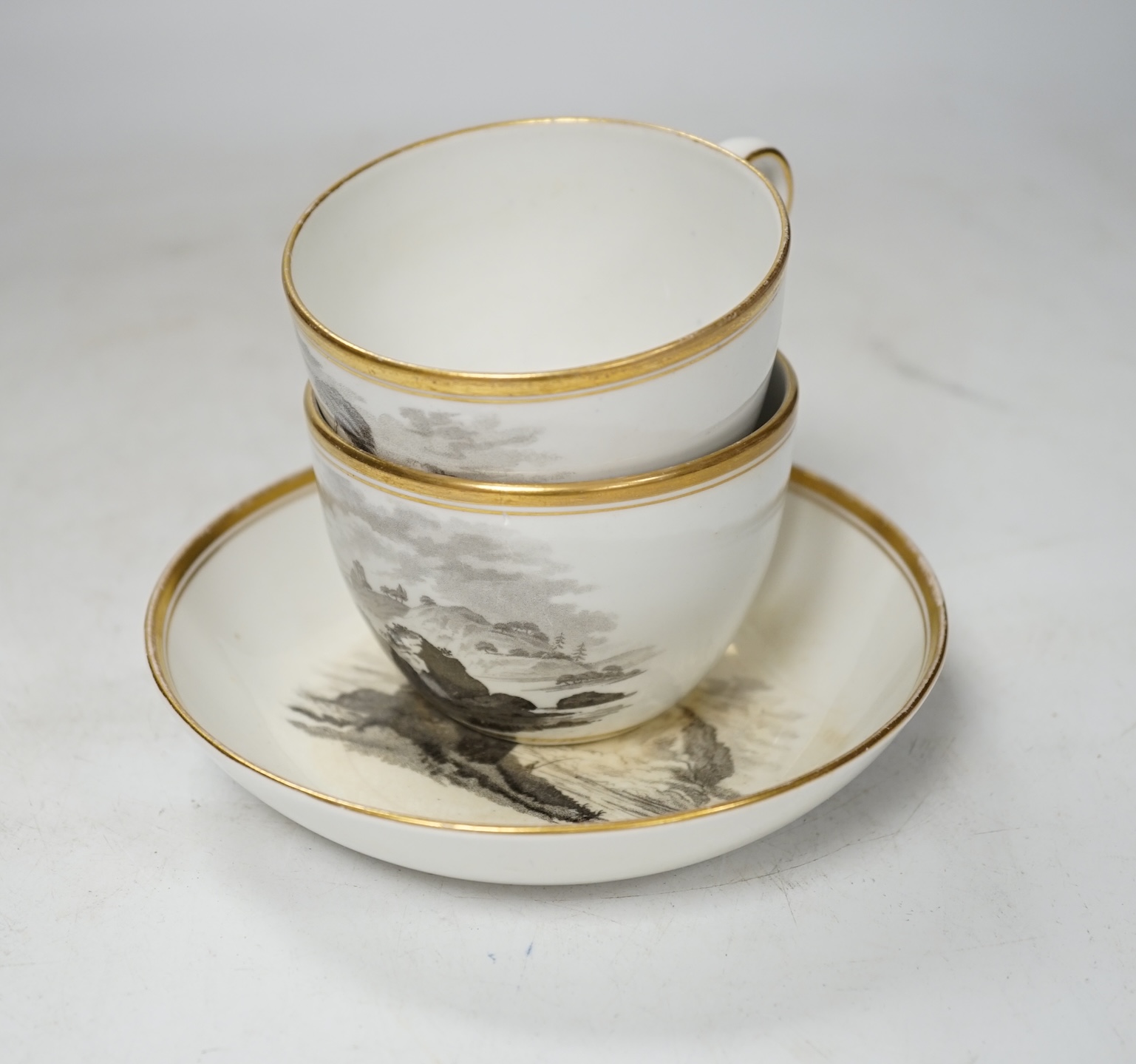 A Spode bat printed part tea / coffee set, c.1802, including pattern 557, largest 26cm wide. Condition - varies, poor to fair